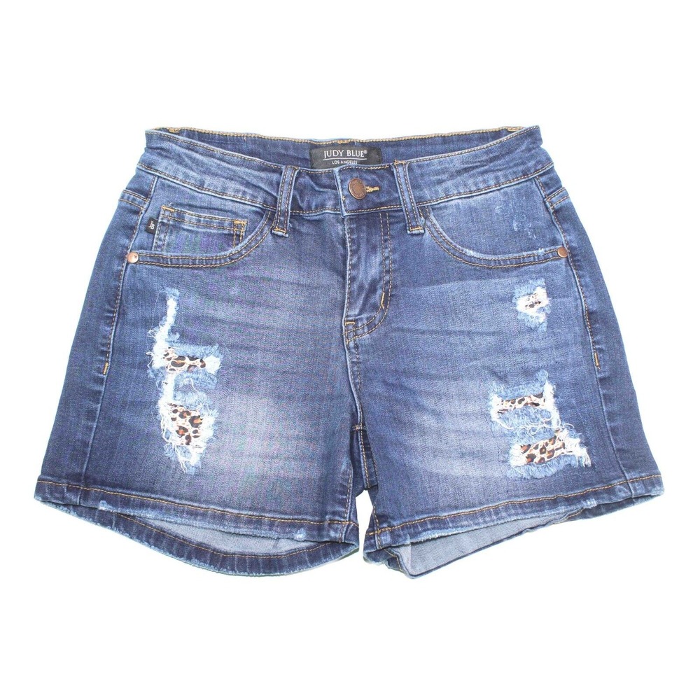 Judy Blue Distressed Cheetah‎ Trim Denim Jean Shorts JB1592 Womens Size Small
